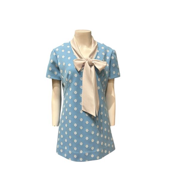Vintage 1960s Baby Blue Polka Dot Micro Mini Dress with Scarf Bow / Medium - - Picture 1 of 4
